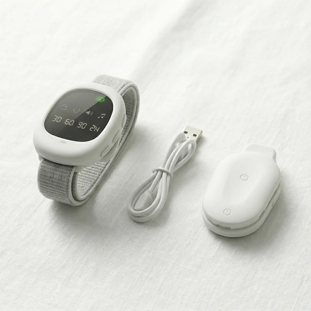 Close-up of the LyleCare wireless clip-on sensor and watch-style receiver